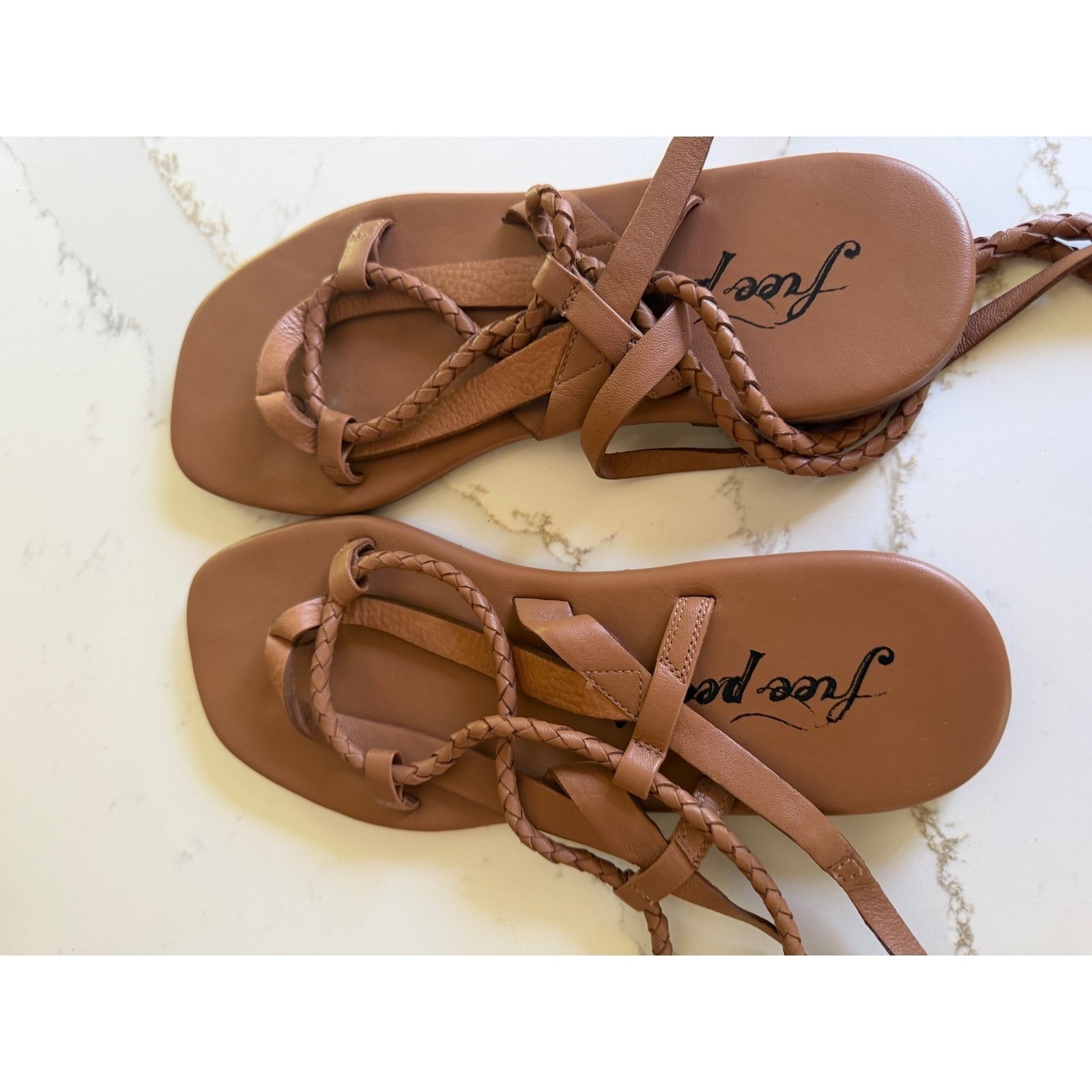 Free People Tan Leather Braided Lace Up Gladiator Sandals Flat Thong Size 38